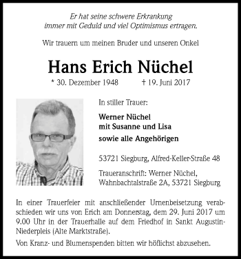 Anzeige von Hans Erich Nüchel von Kölner Stadt-Anzeiger / Kölnische Rundschau / Express