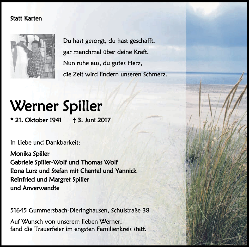  Traueranzeige für Werner Spiller vom 17.06.2017 aus Kölner Stadt-Anzeiger / Kölnische Rundschau / Express