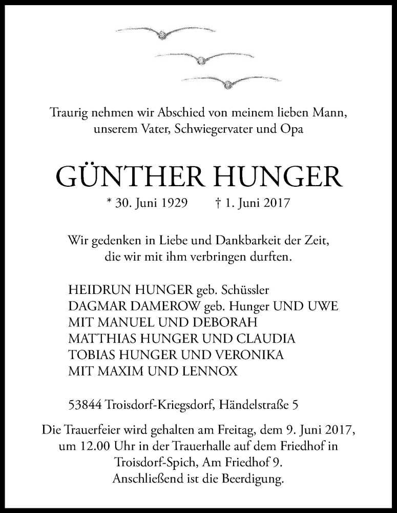  Traueranzeige für Günther Hunger vom 07.06.2017 aus Kölner Stadt-Anzeiger / Kölnische Rundschau / Express