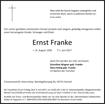 Anzeige von Ernst Franke von Kölner Stadt-Anzeiger / Kölnische Rundschau / Express