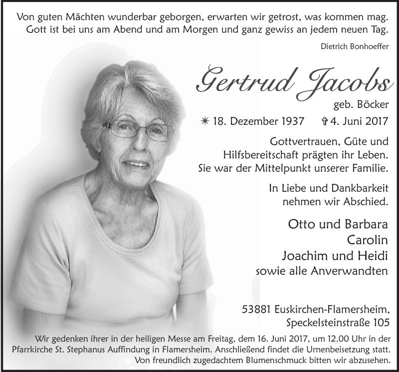  Traueranzeige für Gertrud Jacobs vom 10.06.2017 aus  Blickpunkt Euskirchen 