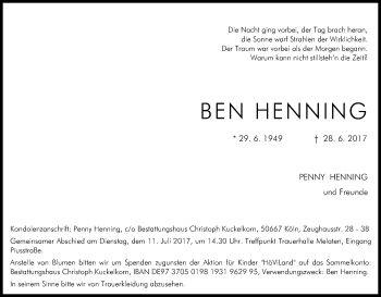 Anzeige von Ben Henning von Kölner Stadt-Anzeiger / Kölnische Rundschau / Express