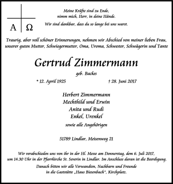 Anzeige von Gertrud Zimmermann von Kölner Stadt-Anzeiger / Kölnische Rundschau / Express