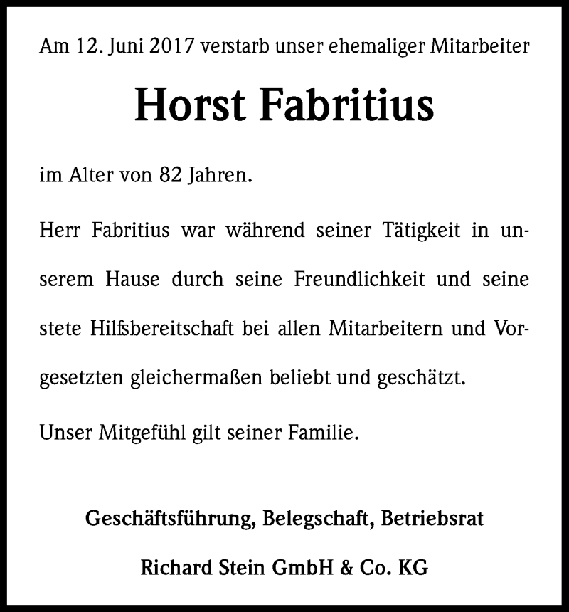  Traueranzeige für Horst Fabritius vom 17.06.2017 aus Kölner Stadt-Anzeiger / Kölnische Rundschau / Express