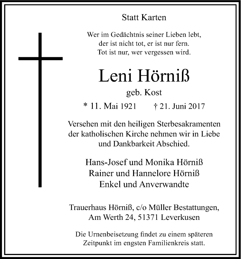  Traueranzeige für Leni Hörniß vom 24.06.2017 aus Kölner Stadt-Anzeiger / Kölnische Rundschau / Express