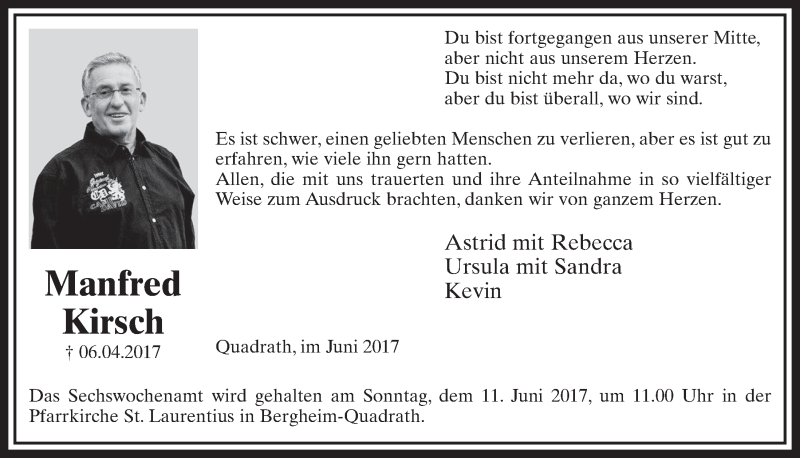  Traueranzeige für Manfred Kirsch vom 03.06.2017 aus  Sonntags-Post 