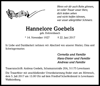 Anzeige von Hannelore Goebels von Kölner Stadt-Anzeiger / Kölnische Rundschau / Express