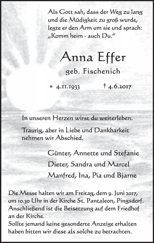  Traueranzeige für Anna Effer vom 07.06.2017 aus  Schlossbote/Werbekurier 