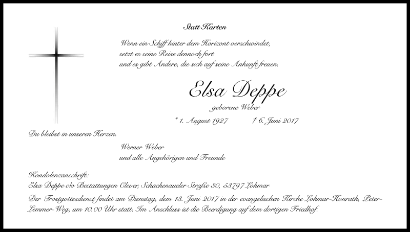  Traueranzeige für Elsa Deppe vom 10.06.2017 aus Kölner Stadt-Anzeiger / Kölnische Rundschau / Express