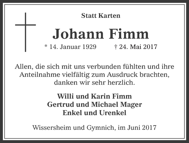  Traueranzeige für Johann Fimm vom 28.06.2017 aus  Werbepost 