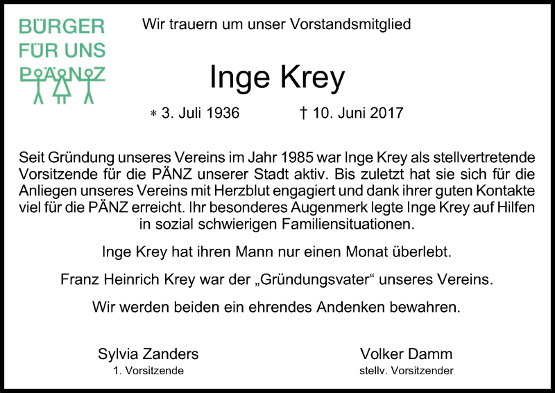 Traueranzeige für Inge Krey vom 14.06.2017 aus Kölner Stadt-Anzeiger / Kölnische Rundschau / Express