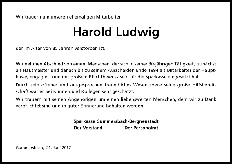  Traueranzeige für Harold Ludwig vom 22.06.2017 aus Kölner Stadt-Anzeiger / Kölnische Rundschau / Express