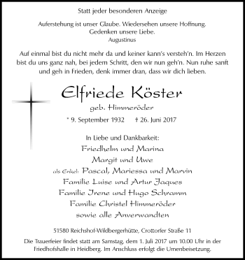 Anzeige von Elfriede Köster von Kölner Stadt-Anzeiger / Kölnische Rundschau / Express