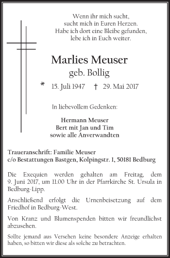 Anzeige von Marlies Meuser von  Werbepost 