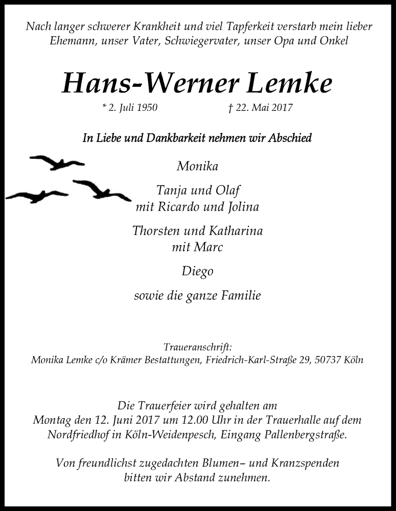  Traueranzeige für Hans-Werner Lemke vom 10.06.2017 aus Kölner Stadt-Anzeiger / Kölnische Rundschau / Express