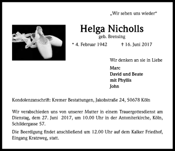 Anzeige von Helga Nicholls von Kölner Stadt-Anzeiger / Kölnische Rundschau / Express