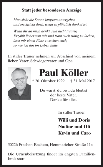 Anzeige von Paul Köller von  Wochenende 