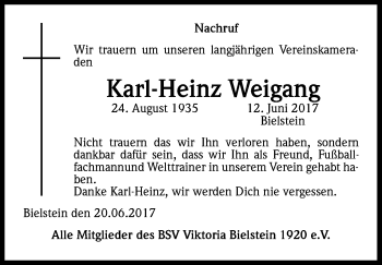 Anzeige von Karl-Heinz Weigang von Kölner Stadt-Anzeiger / Kölnische Rundschau / Express