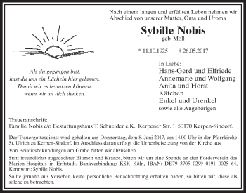 Anzeige von Sybille Nobis von  Sonntags-Post 