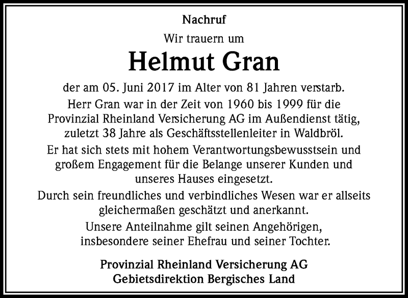  Traueranzeige für Helmut Gran vom 10.06.2017 aus Kölner Stadt-Anzeiger / Kölnische Rundschau / Express