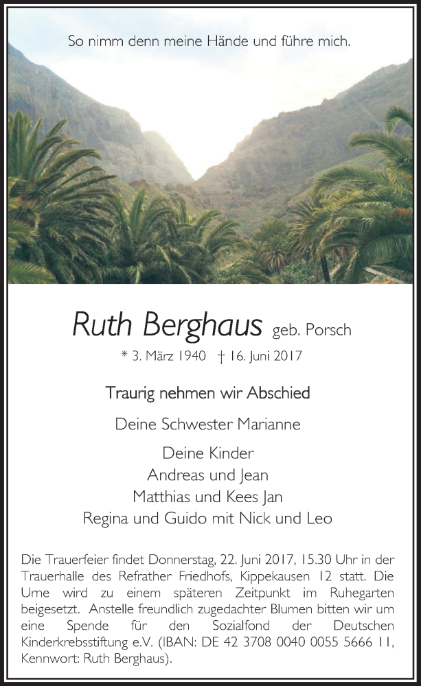  Traueranzeige für Ruth Berghaus vom 21.06.2017 aus  Bergisches Handelsblatt 