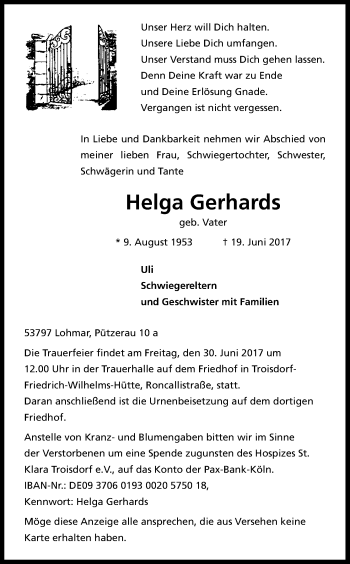 Anzeige von Helga Gerhards von Kölner Stadt-Anzeiger / Kölnische Rundschau / Express
