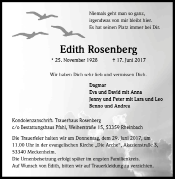 Anzeige von Edith Rosenberg von Kölner Stadt-Anzeiger / Kölnische Rundschau / Express