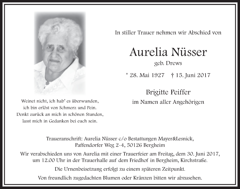  Traueranzeige für Aurelia Nüsser vom 24.06.2017 aus  Sonntags-Post 