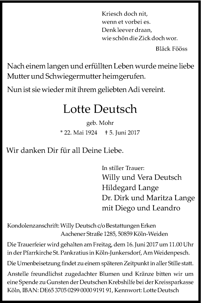  Traueranzeige für Lotte Deutsch vom 10.06.2017 aus Kölner Stadt-Anzeiger / Kölnische Rundschau / Express