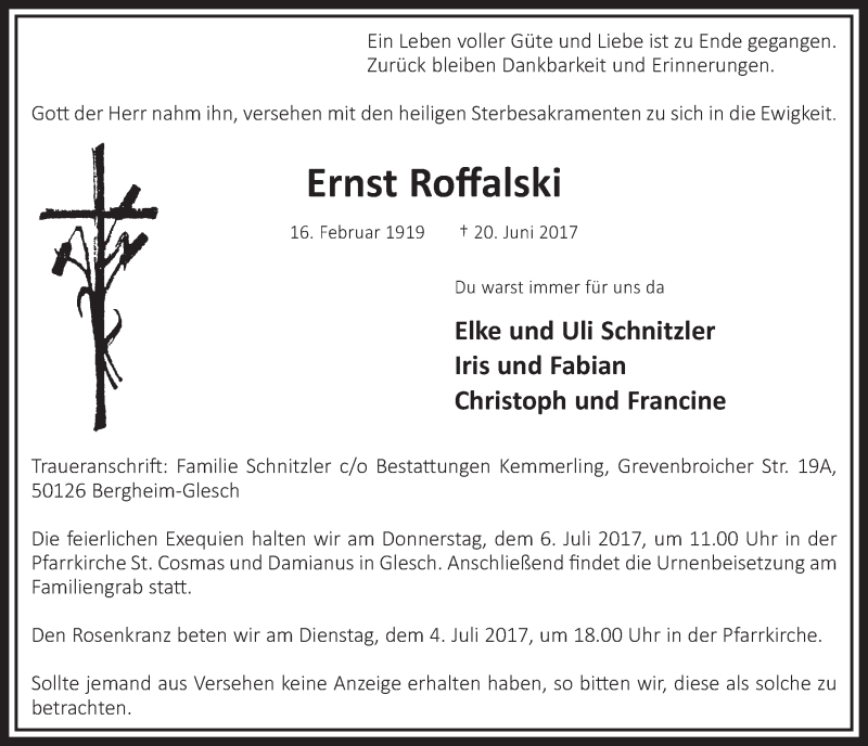  Traueranzeige für Ernst Roffalski vom 01.07.2017 aus  Sonntags-Post 