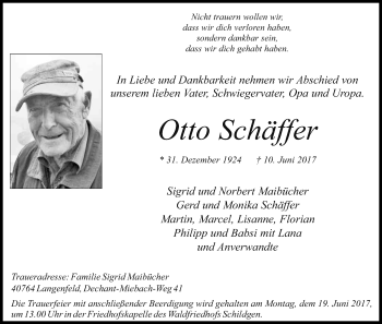 Anzeige von Otto Schäffer von Kölner Stadt-Anzeiger / Kölnische Rundschau / Express