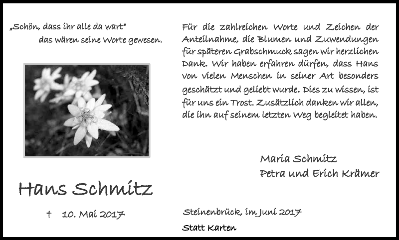  Traueranzeige für Hans Schmitz vom 17.06.2017 aus Kölner Stadt-Anzeiger / Kölnische Rundschau / Express