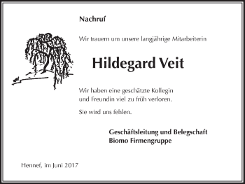 Anzeige von Hildegard Veit von  Extra Blatt 