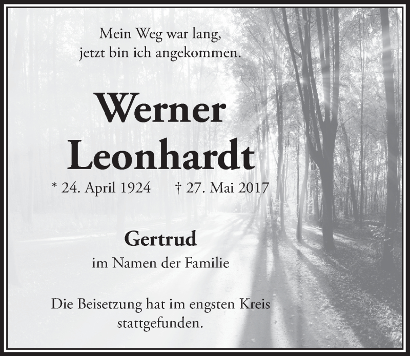  Traueranzeige für Werner Leonhardt vom 07.06.2017 aus  Bergisches Handelsblatt 