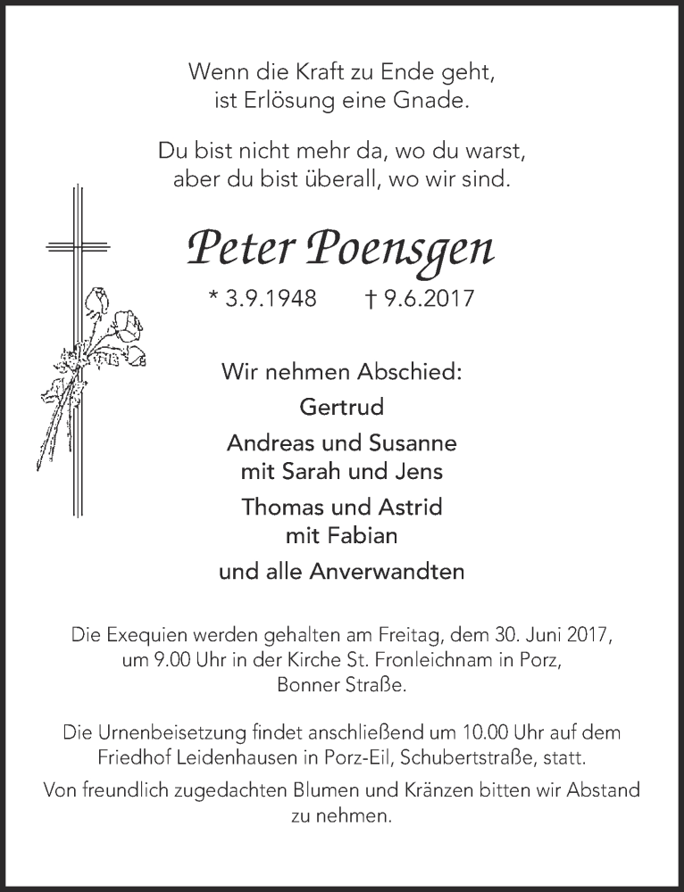  Traueranzeige für Peter Poensgen vom 21.06.2017 aus  Kölner Wochenspiegel 