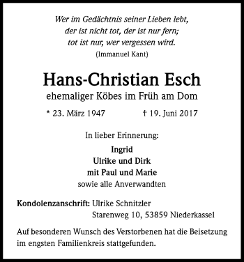 Anzeige von Hans-Christian Esch von Kölner Stadt-Anzeiger / Kölnische Rundschau / Express