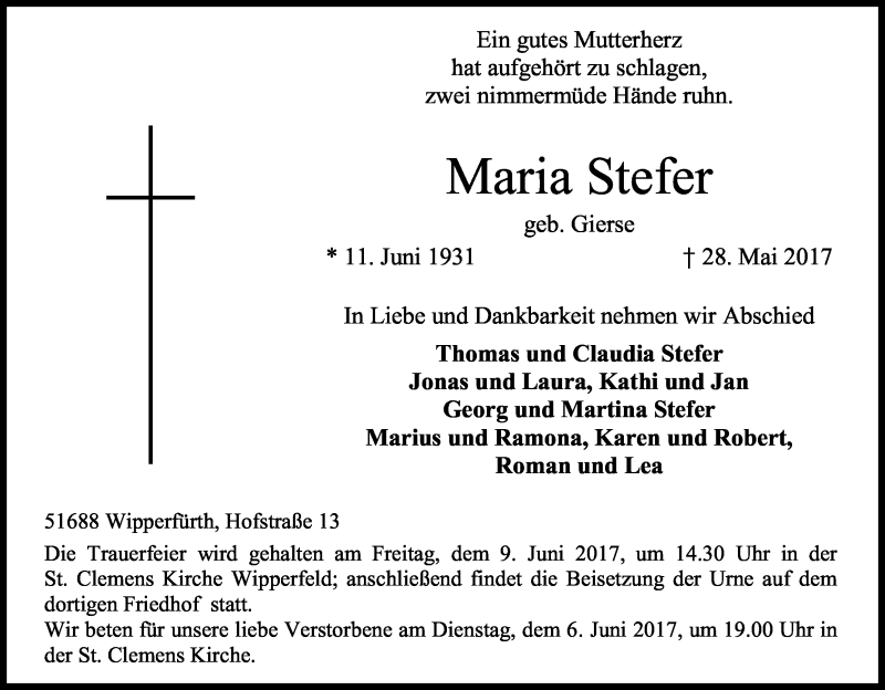  Traueranzeige für Maria Stefer vom 03.06.2017 aus Kölner Stadt-Anzeiger / Kölnische Rundschau / Express