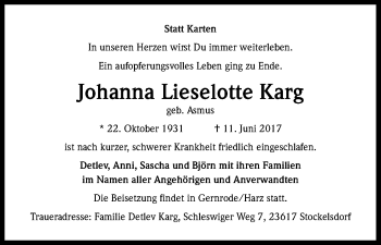 Anzeige von Johanna Lieselotte Karg von Kölner Stadt-Anzeiger / Kölnische Rundschau / Express
