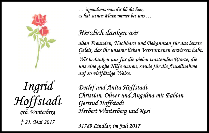  Traueranzeige für Ingrid Hoffstadt vom 01.07.2017 aus Kölner Stadt-Anzeiger / Kölnische Rundschau / Express