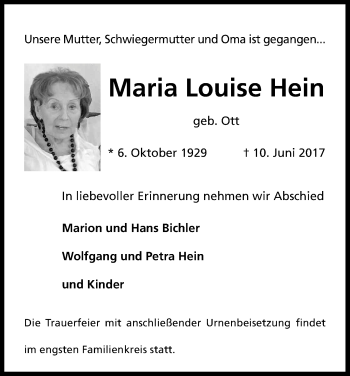 Anzeige von Maria Louise Hein von Kölner Stadt-Anzeiger / Kölnische Rundschau / Express
