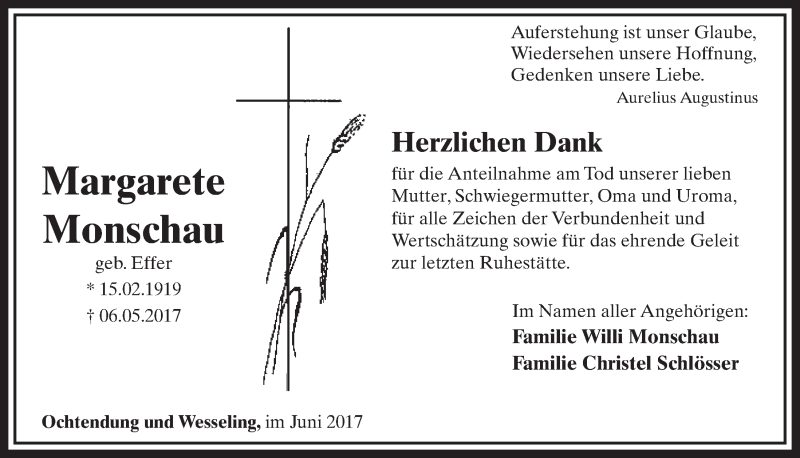  Traueranzeige für Margarete Monschau vom 07.06.2017 aus  Schlossbote/Werbekurier 