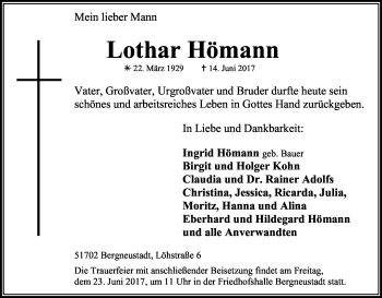 Anzeige von Lothar Hömann von Kölner Stadt-Anzeiger / Kölnische Rundschau / Express