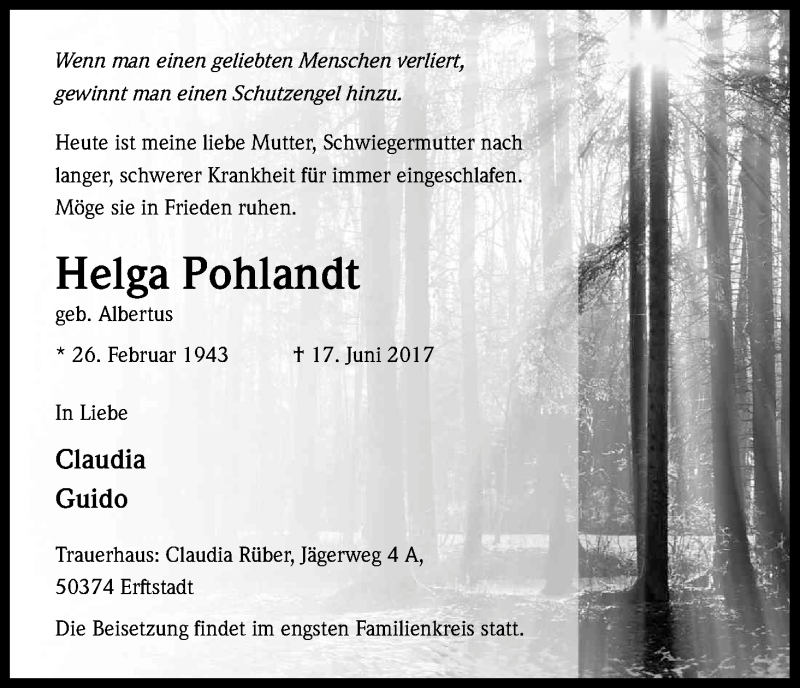  Traueranzeige für Helga Pohlandt vom 24.06.2017 aus Kölner Stadt-Anzeiger / Kölnische Rundschau / Express