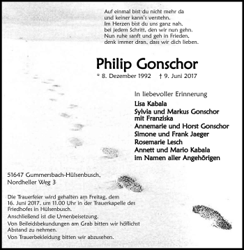 Anzeige von Philip Gonschor von Kölner Stadt-Anzeiger / Kölnische Rundschau / Express