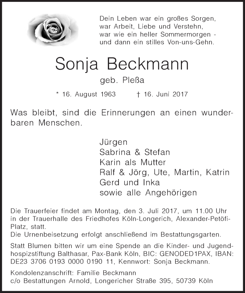  Traueranzeige für Sonja Beckmann vom 01.07.2017 aus  Sonntags-Post 
