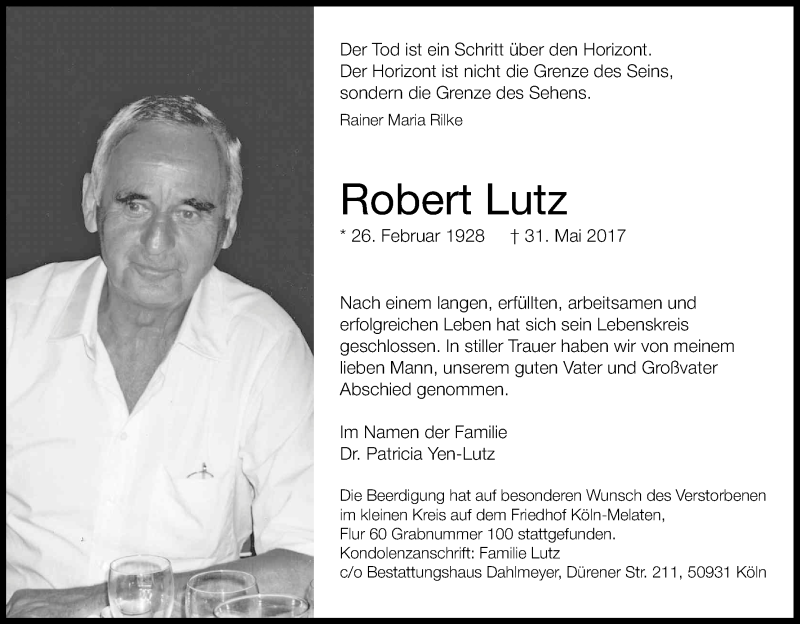  Traueranzeige für Robert Lutz vom 10.06.2017 aus Kölner Stadt-Anzeiger / Kölnische Rundschau / Express