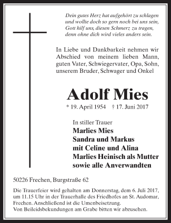 Anzeige von Adolf Mies von  Wochenende 
