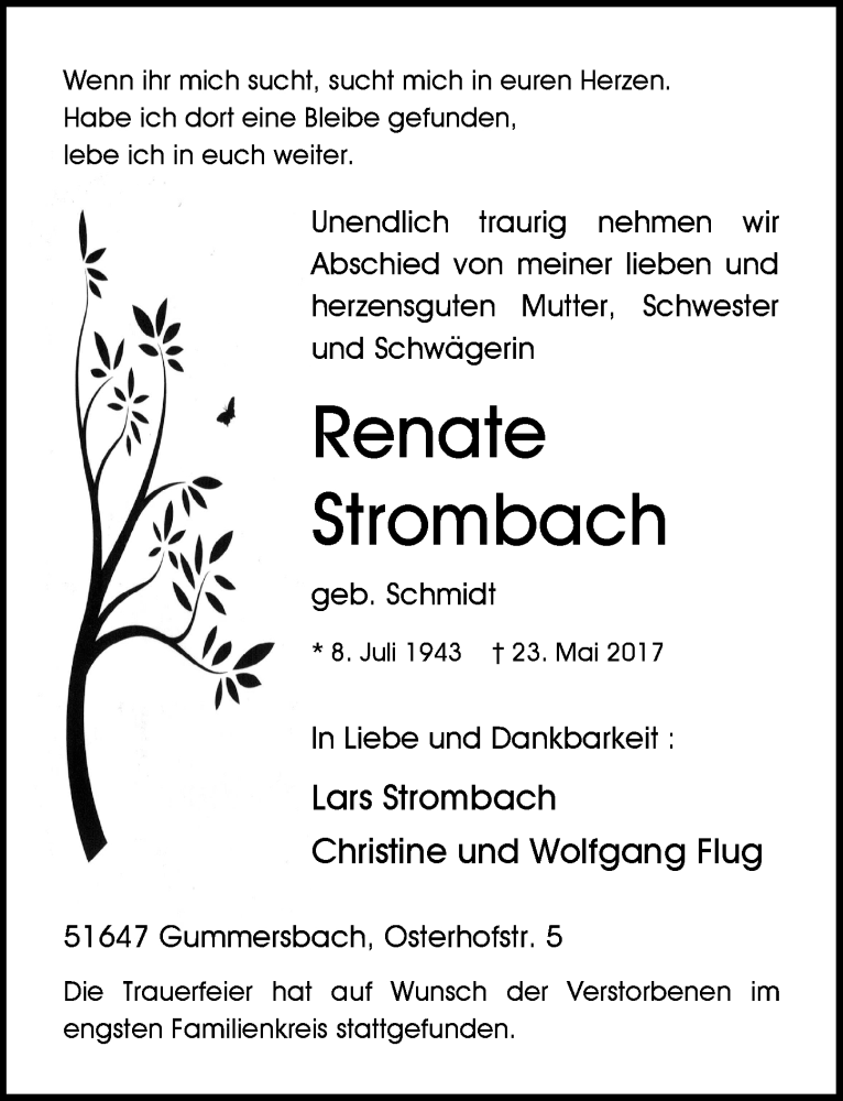  Traueranzeige für Renate Strombach vom 07.06.2017 aus  Anzeigen Echo 