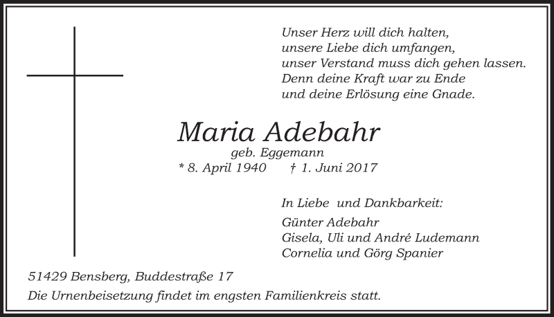  Traueranzeige für Maria Adebahr vom 14.06.2017 aus  Bergisches Handelsblatt 