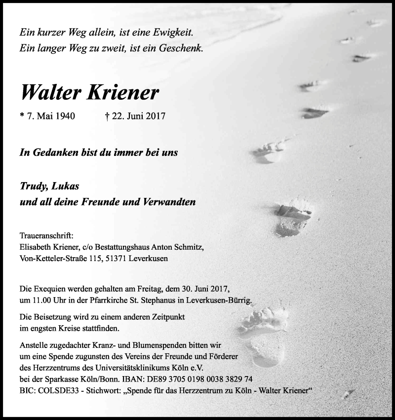  Traueranzeige für Walter Kriener vom 27.06.2017 aus Kölner Stadt-Anzeiger / Kölnische Rundschau / Express